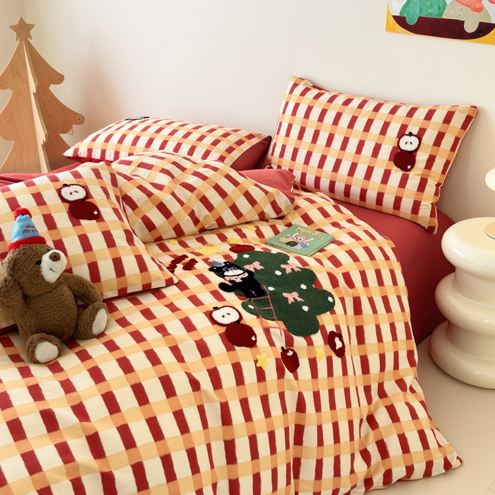 91家纺网 家纺一手货源 找家纺 如意朵 2025新款全棉加厚磨毛绣花四件套风格一（专版花型） 猫和树