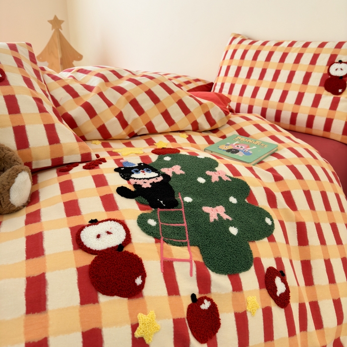 91家纺网 家纺一手货源 找家纺 如意朵 2025新款全棉加厚磨毛绣花四件套风格一（专版花型） 猫和树