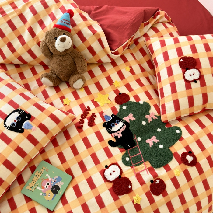 91家纺网 家纺一手货源 找家纺 如意朵 2025新款全棉加厚磨毛绣花四件套风格一（专版花型） 猫和树