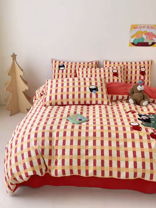 91家纺网 家纺一手货源 找家纺 如意朵 2025新款全棉加厚磨毛绣花四件套风格一（专版花型） 猫和树