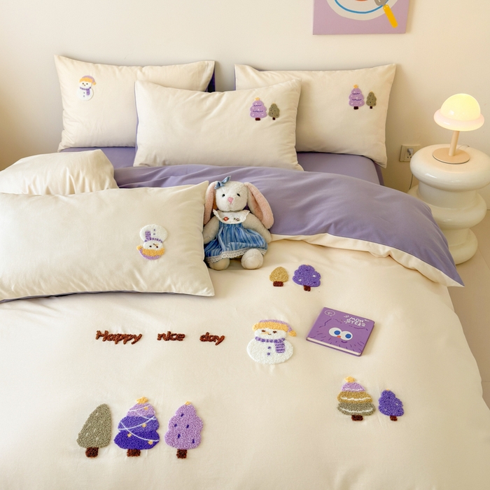 91家纺网 家纺一手货源 找家纺 如意朵 2025新款全棉加厚磨毛绣花四件套风格一（专版花型） 梦幻森林米