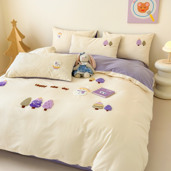 91家纺网 家纺一手货源 找家纺 如意朵 2025新款全棉加厚磨毛绣花四件套风格一（专版花型） 梦幻森林米