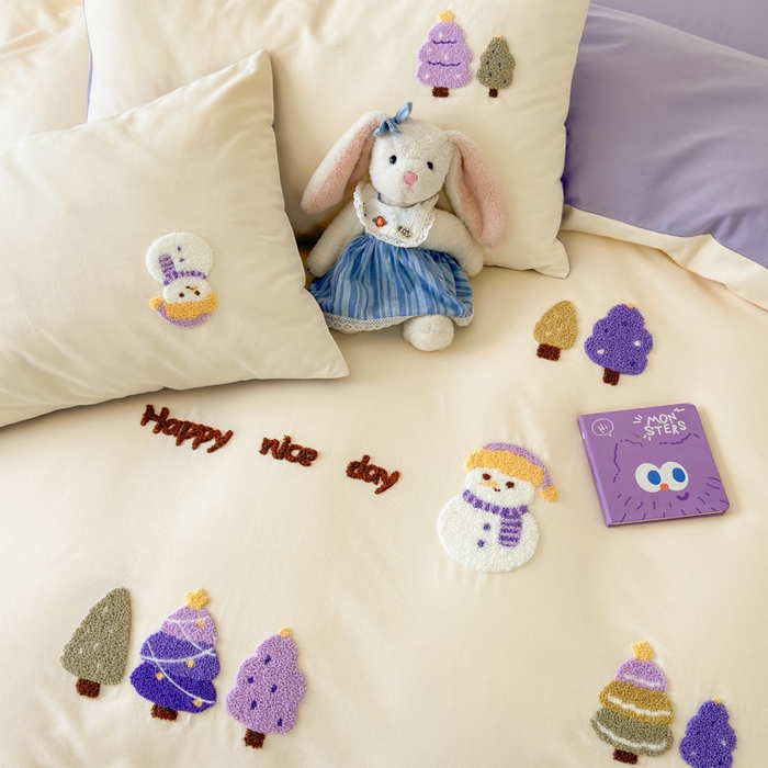 91家纺网 家纺一手货源 找家纺 如意朵 2025新款全棉加厚磨毛绣花四件套风格一（专版花型） 梦幻森林米