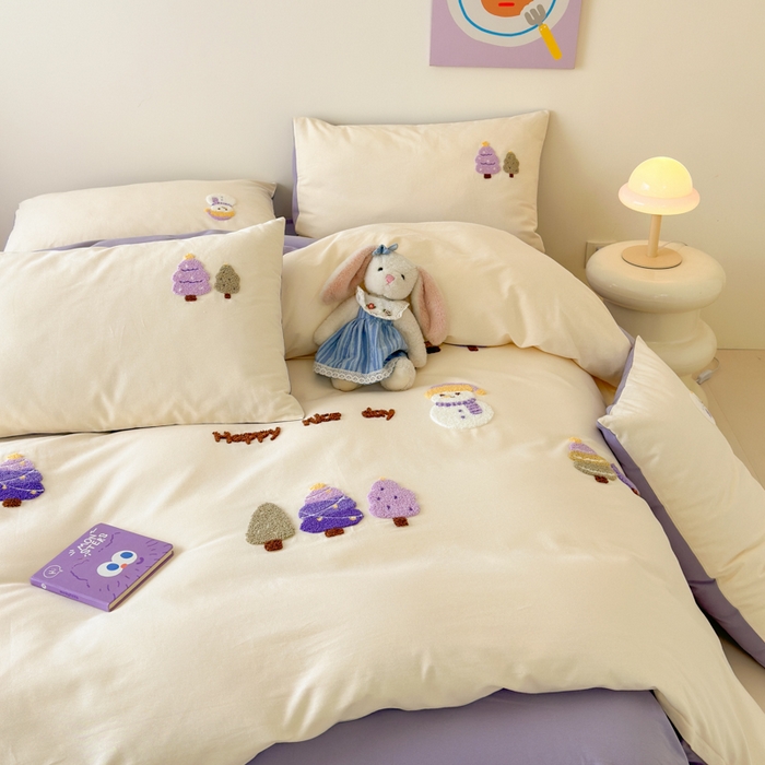 91家纺网 家纺一手货源 找家纺 如意朵 2025新款全棉加厚磨毛绣花四件套风格一（专版花型） 梦幻森林米