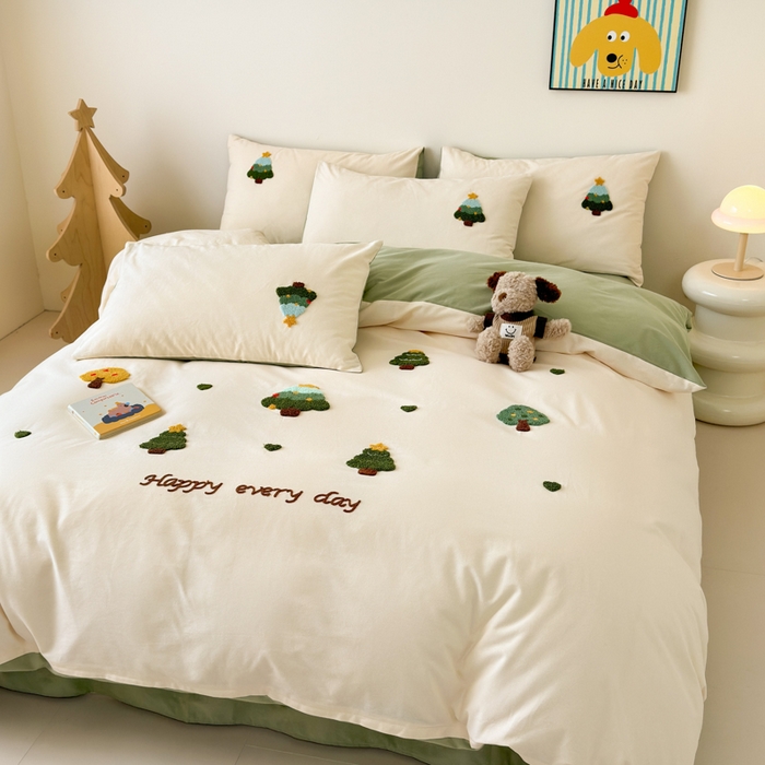 91家纺网 家纺一手货源 找家纺 如意朵 2025新款全棉加厚磨毛绣花四件套风格一（专版花型） 圣诞心语