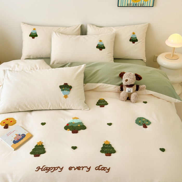 91家纺网 家纺一手货源 找家纺 如意朵 2025新款全棉加厚磨毛绣花四件套风格一（专版花型） 圣诞心语