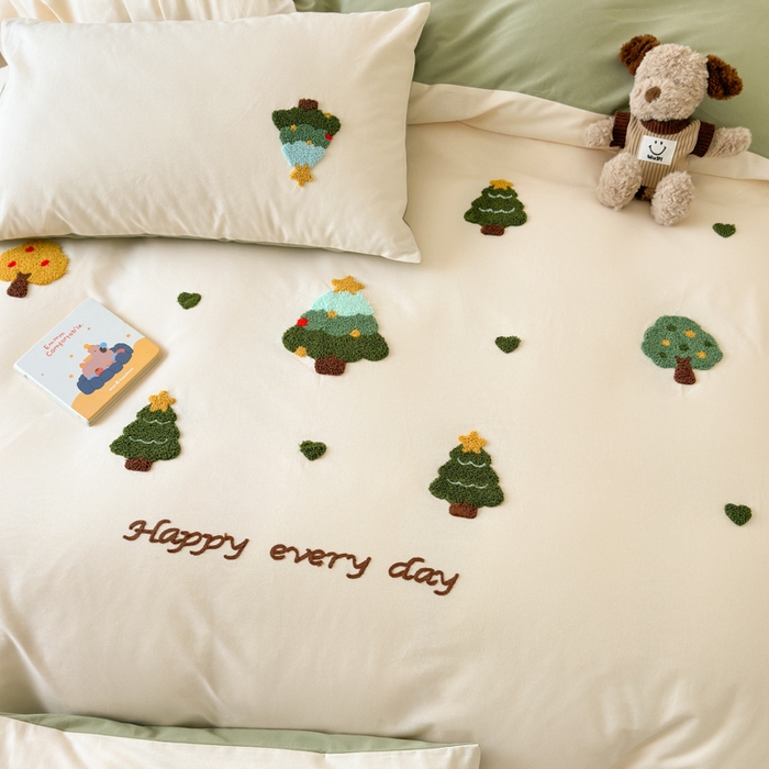 91家纺网 家纺一手货源 找家纺 如意朵 2025新款全棉加厚磨毛绣花四件套风格一（专版花型） 圣诞心语