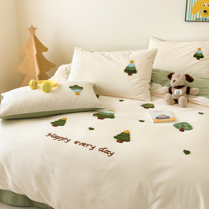 91家纺网 家纺一手货源 找家纺 如意朵 2025新款全棉加厚磨毛绣花四件套风格一（专版花型） 圣诞心语