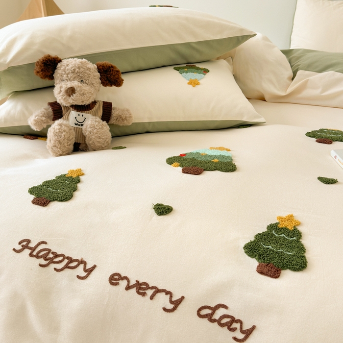 91家纺网 家纺一手货源 找家纺 如意朵 2025新款全棉加厚磨毛绣花四件套风格一（专版花型） 圣诞心语