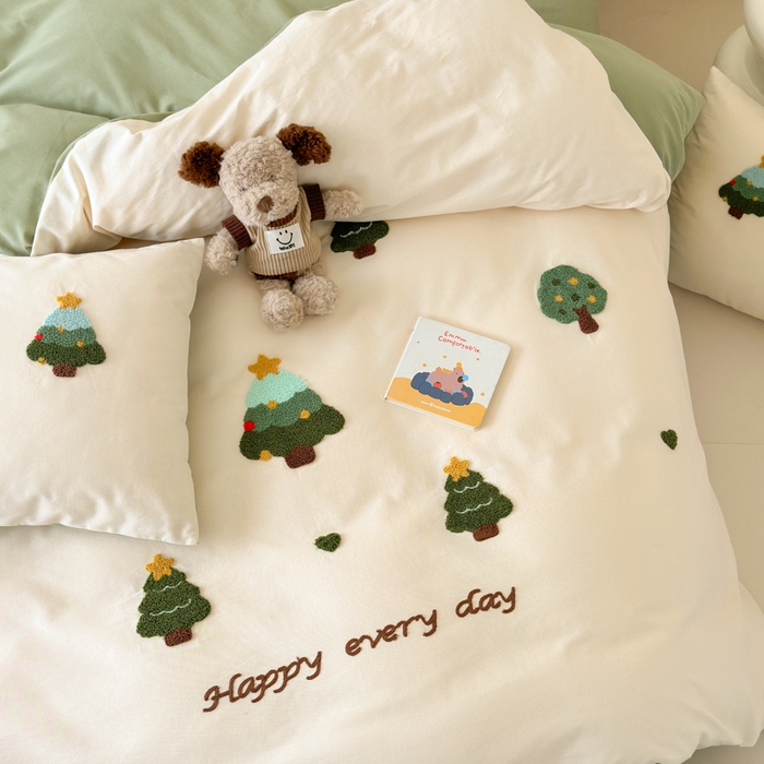 91家纺网 家纺一手货源 找家纺 如意朵 2025新款全棉加厚磨毛绣花四件套风格一（专版花型） 圣诞心语