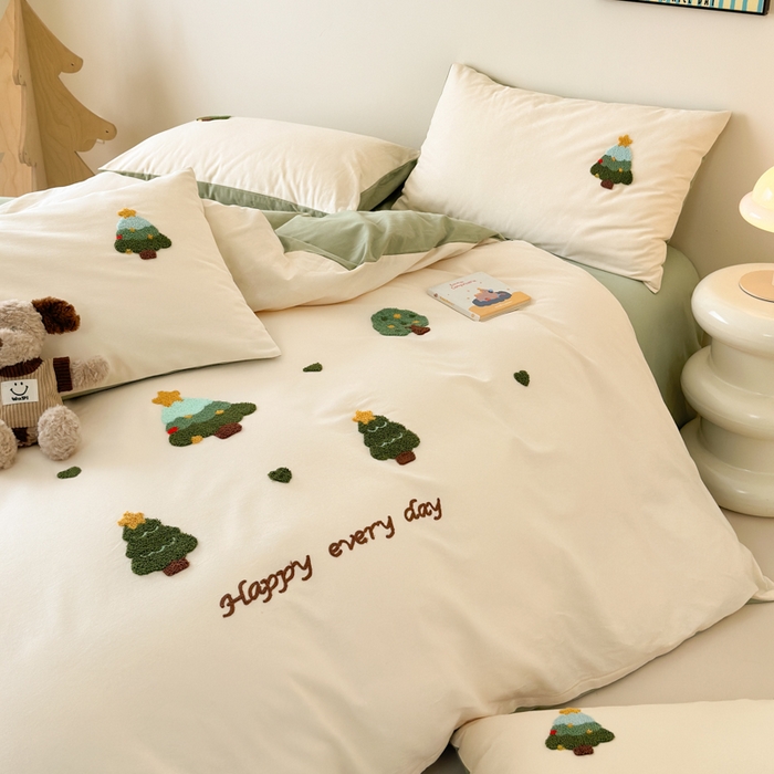 91家纺网 家纺一手货源 找家纺 如意朵 2025新款全棉加厚磨毛绣花四件套风格一（专版花型） 圣诞心语