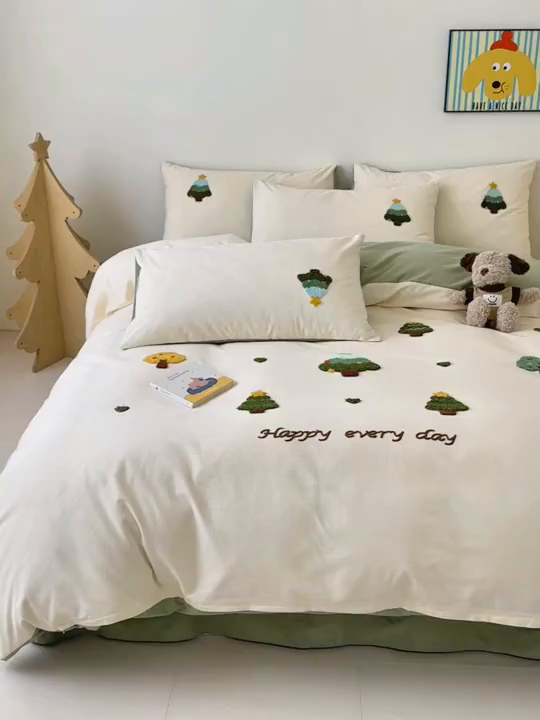 91家纺网 家纺一手货源 找家纺 如意朵 2025新款全棉加厚磨毛绣花四件套风格一（专版花型） 圣诞心语