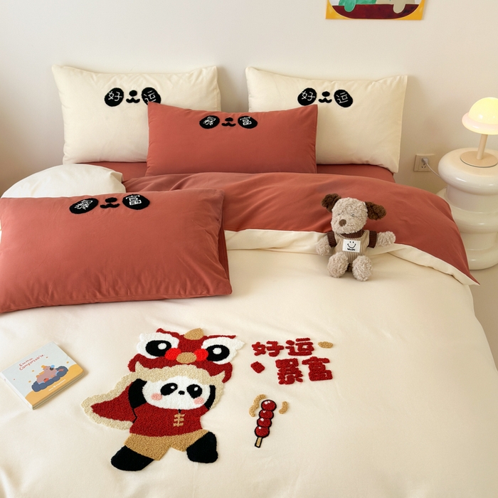 91家纺网 家纺一手货源 找家纺 如意朵 2025新款全棉加厚磨毛绣花四件套风格一（专版花型） 狮来运转