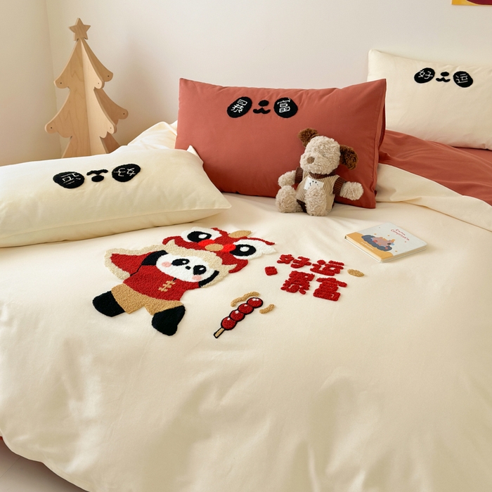 91家纺网 家纺一手货源 找家纺 如意朵 2025新款全棉加厚磨毛绣花四件套风格一（专版花型） 狮来运转