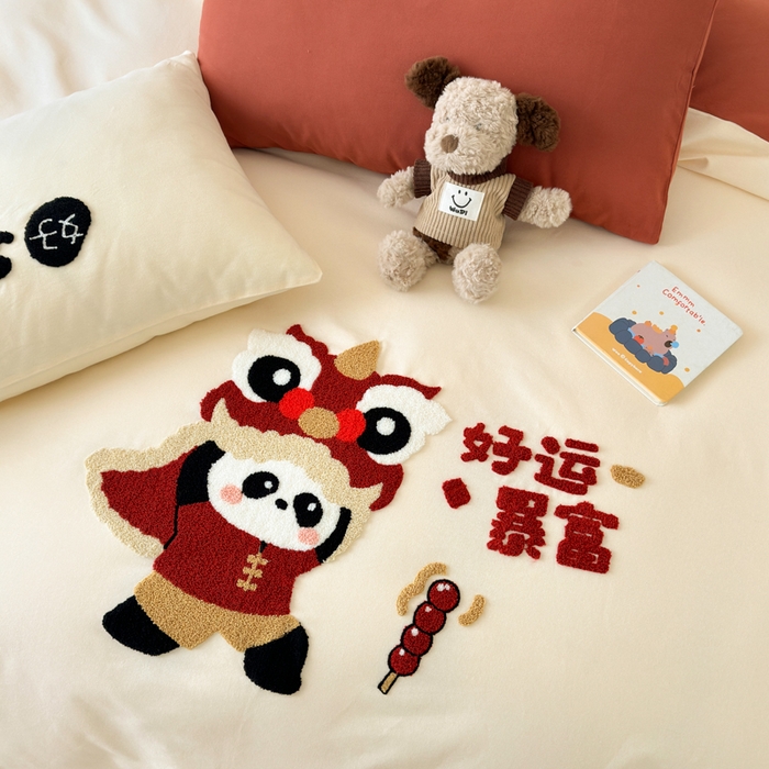 91家纺网 家纺一手货源 找家纺 如意朵 2025新款全棉加厚磨毛绣花四件套风格一（专版花型） 狮来运转