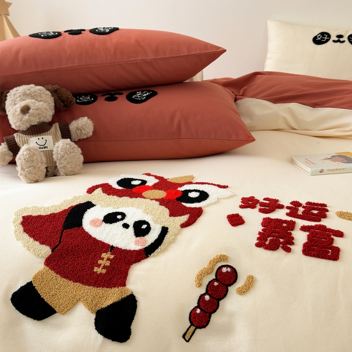 91家纺网 家纺一手货源 找家纺 如意朵 2025新款全棉加厚磨毛绣花四件套风格一（专版花型） 狮来运转