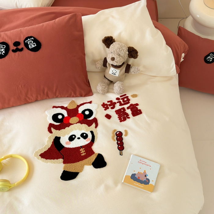 91家纺网 家纺一手货源 找家纺 如意朵 2025新款全棉加厚磨毛绣花四件套风格一（专版花型） 狮来运转