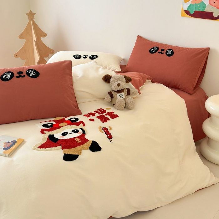 91家纺网 家纺一手货源 找家纺 如意朵 2025新款全棉加厚磨毛绣花四件套风格一（专版花型） 狮来运转