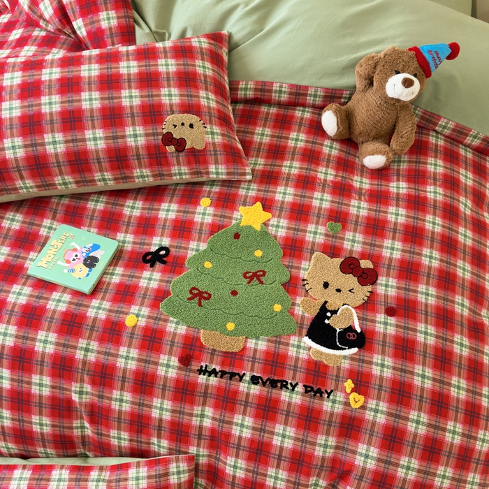 91家纺网 家纺一手货源 找家纺 如意朵 2025新款全棉加厚磨毛绣花四件套风格一（专版花型） 时尚猫咪