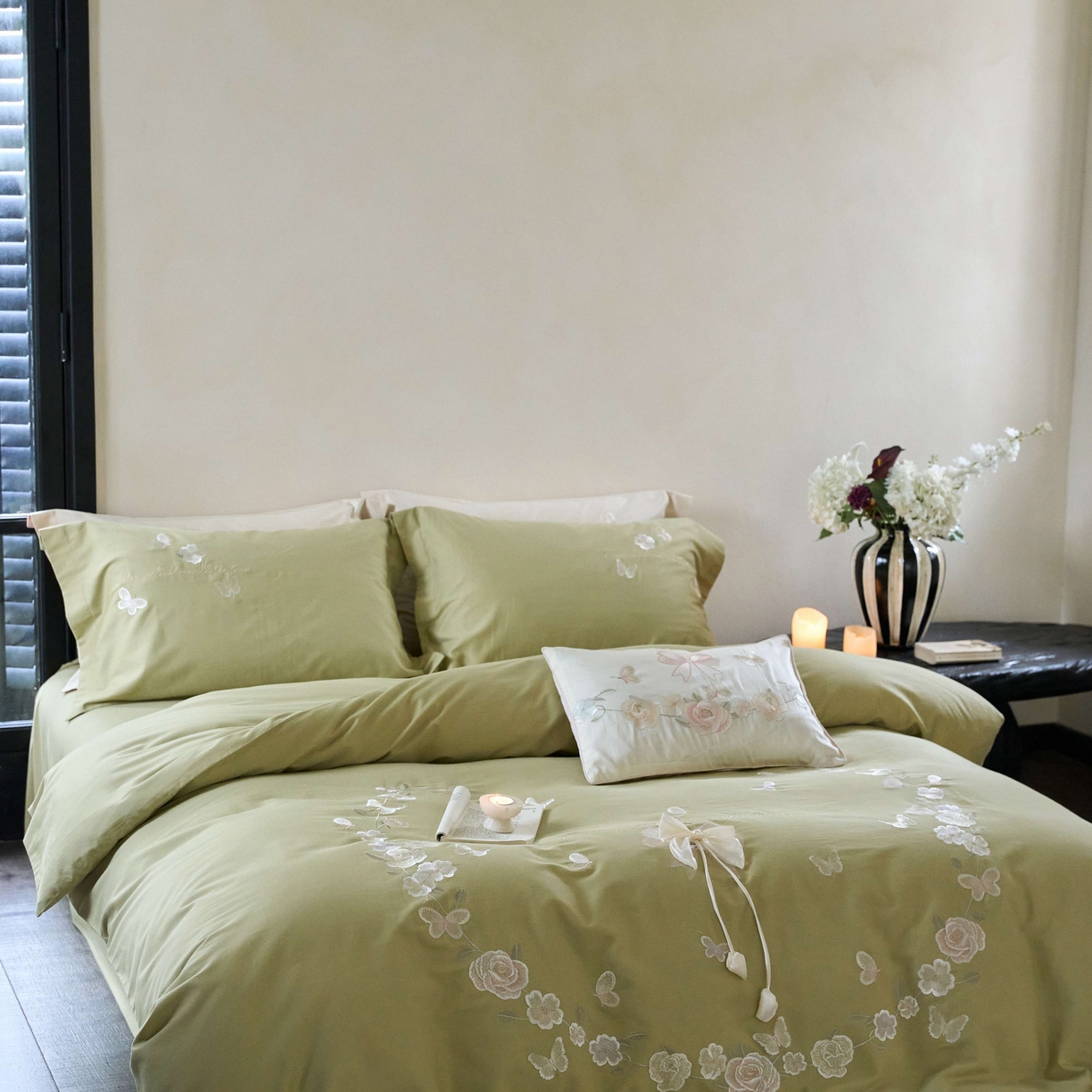 91家纺网 家纺一手货源 找家纺 佳汐蓝家纺 2025秋冬新款刺绣长绒棉全棉纯棉磨毛四件套花序 花序-绿