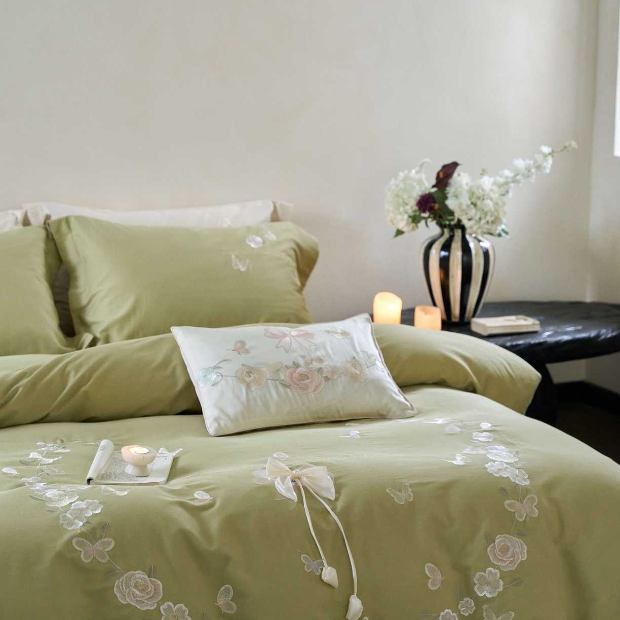 91家纺网 家纺一手货源 找家纺 佳汐蓝家纺 2025秋冬新款刺绣长绒棉全棉纯棉磨毛四件套花序 花序-绿