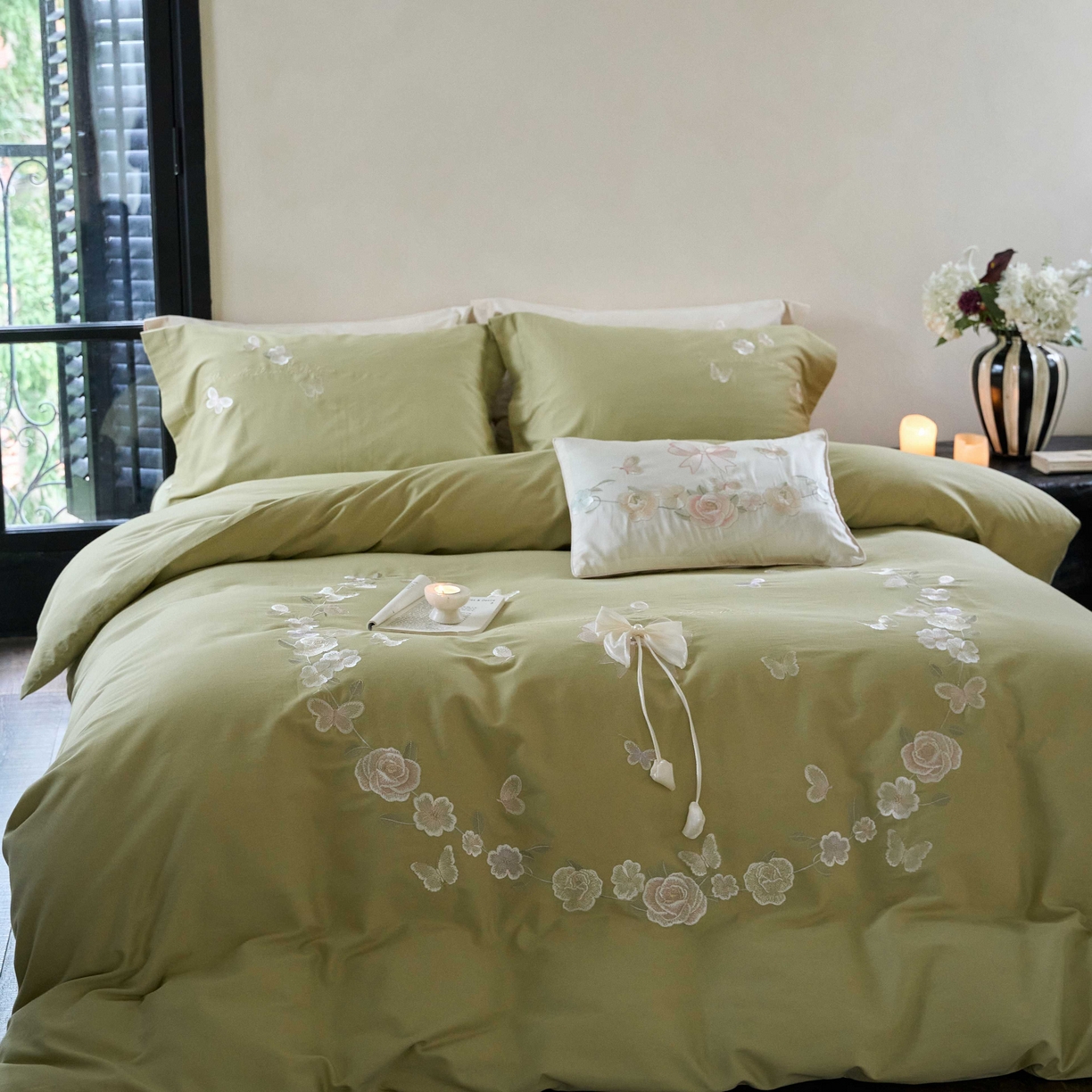 91家纺网 家纺一手货源 找家纺 佳汐蓝家纺 2025秋冬新款刺绣长绒棉全棉纯棉磨毛四件套花序 花序-绿