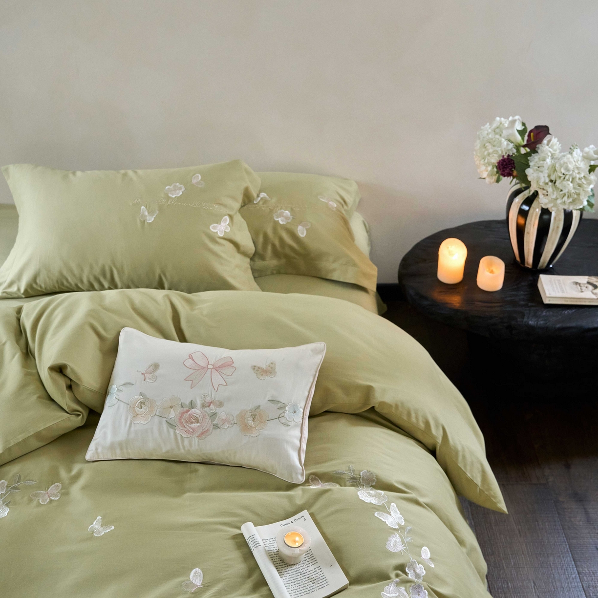 91家纺网 家纺一手货源 找家纺 佳汐蓝家纺 2025秋冬新款刺绣长绒棉全棉纯棉磨毛四件套花序 花序-绿