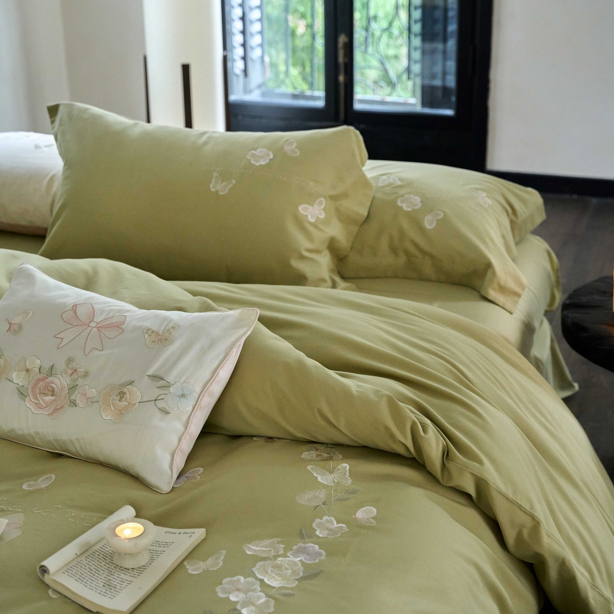 91家纺网 家纺一手货源 找家纺 佳汐蓝家纺 2025秋冬新款刺绣长绒棉全棉纯棉磨毛四件套花序 花序-绿