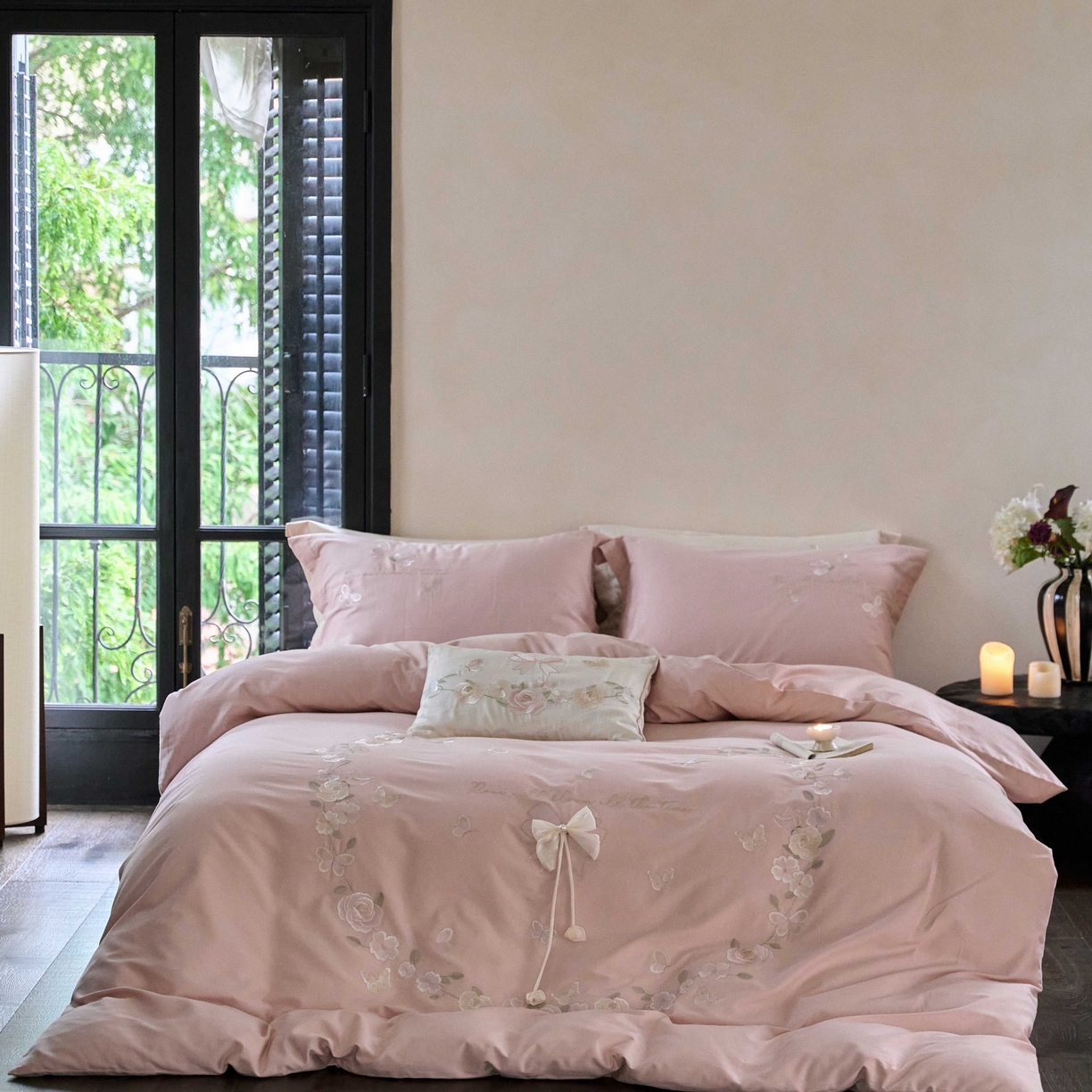 佳汐蓝家纺 2025秋冬新款刺绣长绒棉全棉纯棉磨毛四件套花序 花序-粉