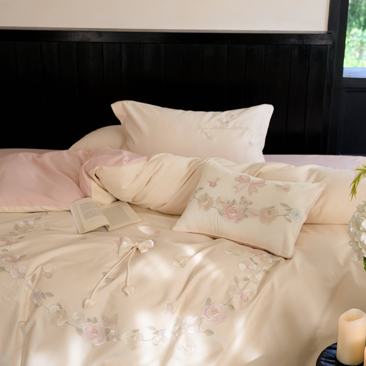 91家纺网 家纺一手货源 找家纺 佳汐蓝家纺 2025秋冬新款刺绣长绒棉全棉纯棉磨毛四件套花序 花序-奶芙粉