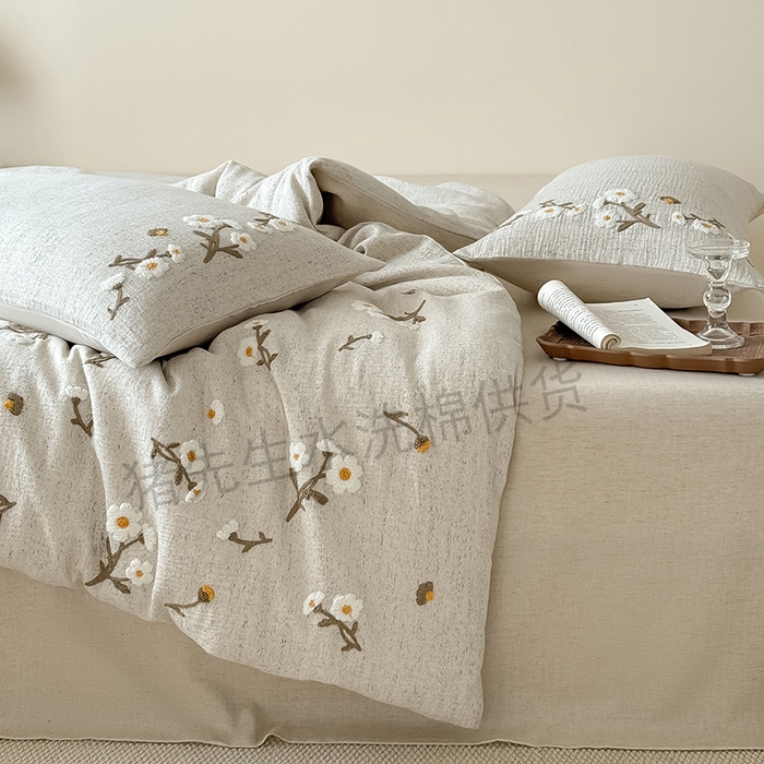 91家纺网 家纺一手货源 找家纺 （总）Mr.pig猪先生水洗棉 2025新款A版色织双层纱B版棉麻四件套-小雏菊