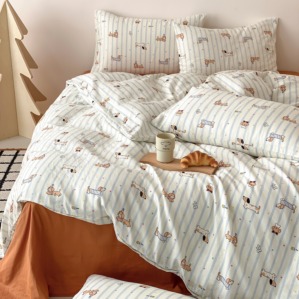 91家纺网 家纺一手货源 找家纺 8小时家纺 2025新款40s天然肌理双层纱四件套 腊肠狗