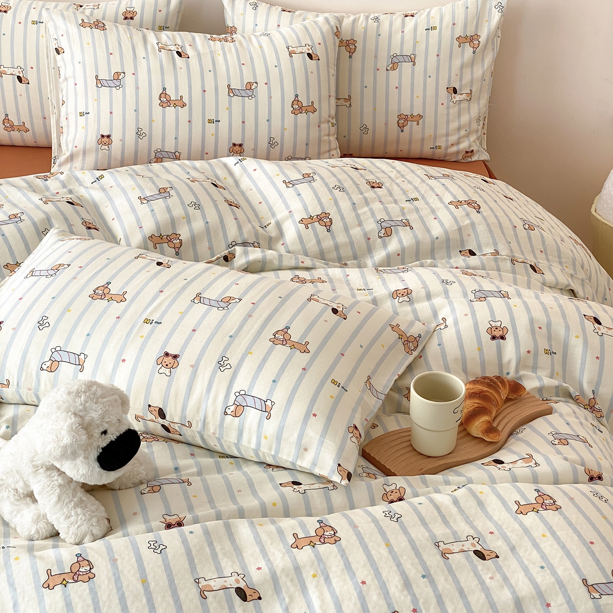 91家纺网 家纺一手货源 找家纺 8小时家纺 2025新款40s天然肌理双层纱四件套 腊肠狗