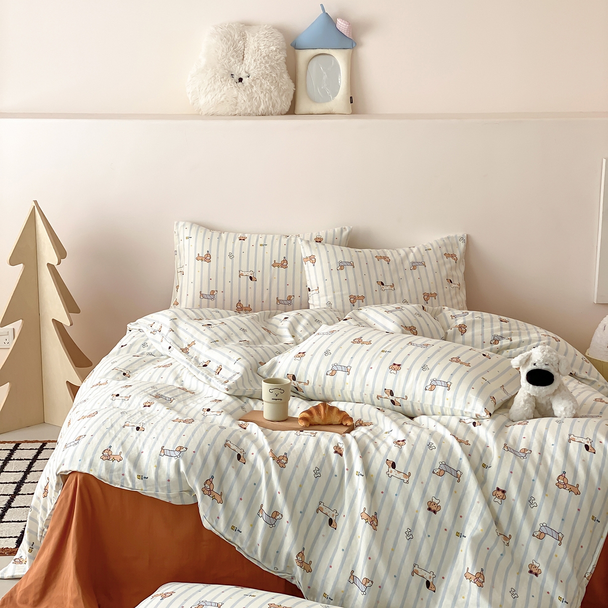 91家纺网 家纺一手货源 找家纺 8小时家纺 2025新款40s天然肌理双层纱四件套 腊肠狗