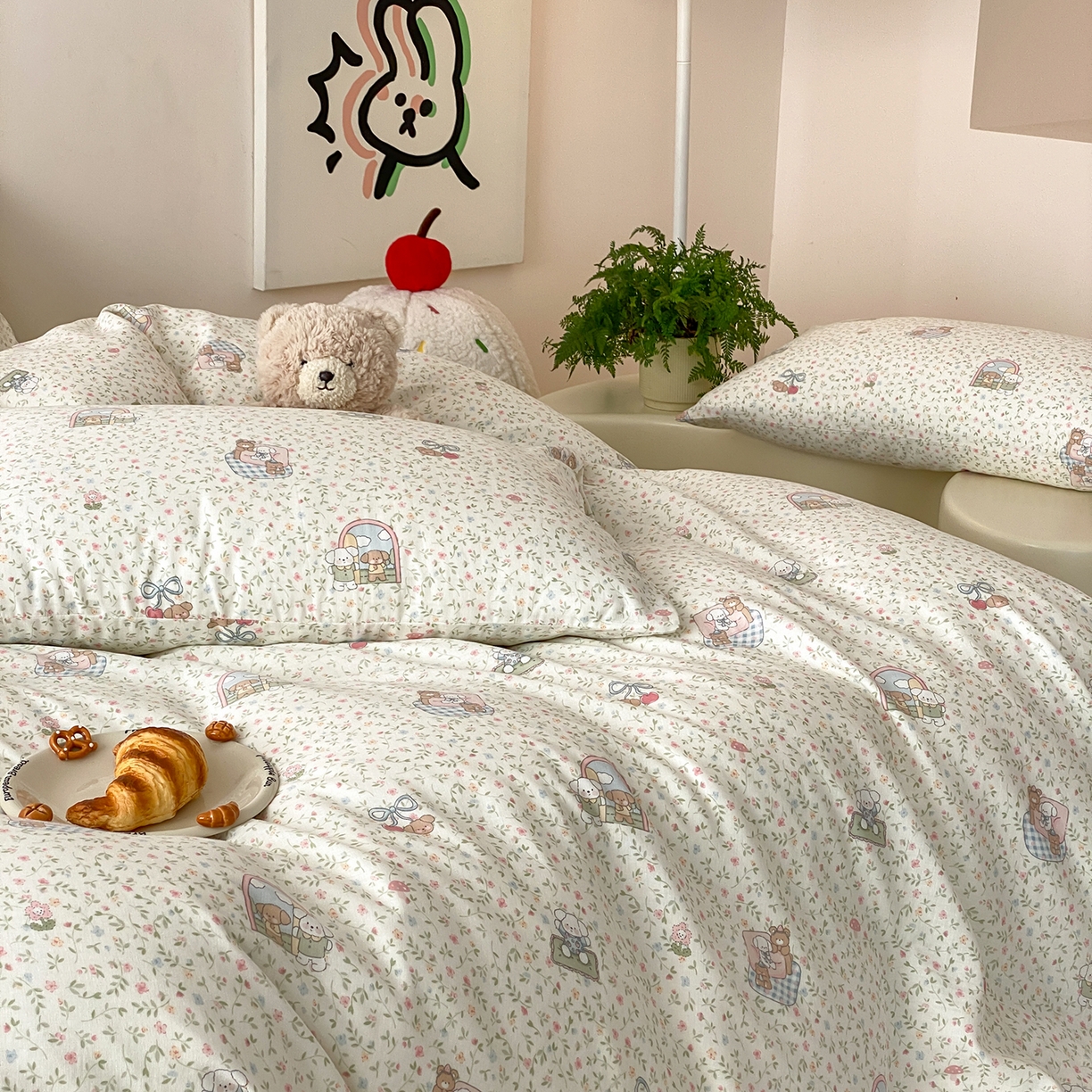 91家纺网 家纺一手货源 找家纺 8小时家纺 2025新款40s天然肌理双层纱四件套 快乐小狗