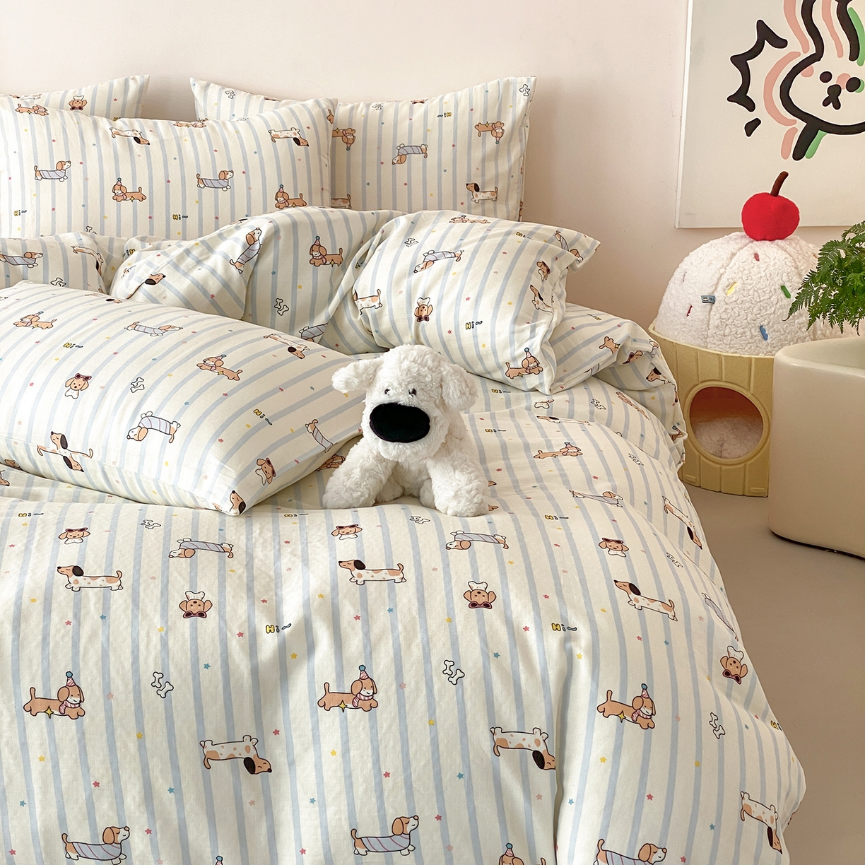 91家纺网 家纺一手货源 找家纺 8小时家纺 2025新款40s天然肌理双层纱四件套 腊肠狗