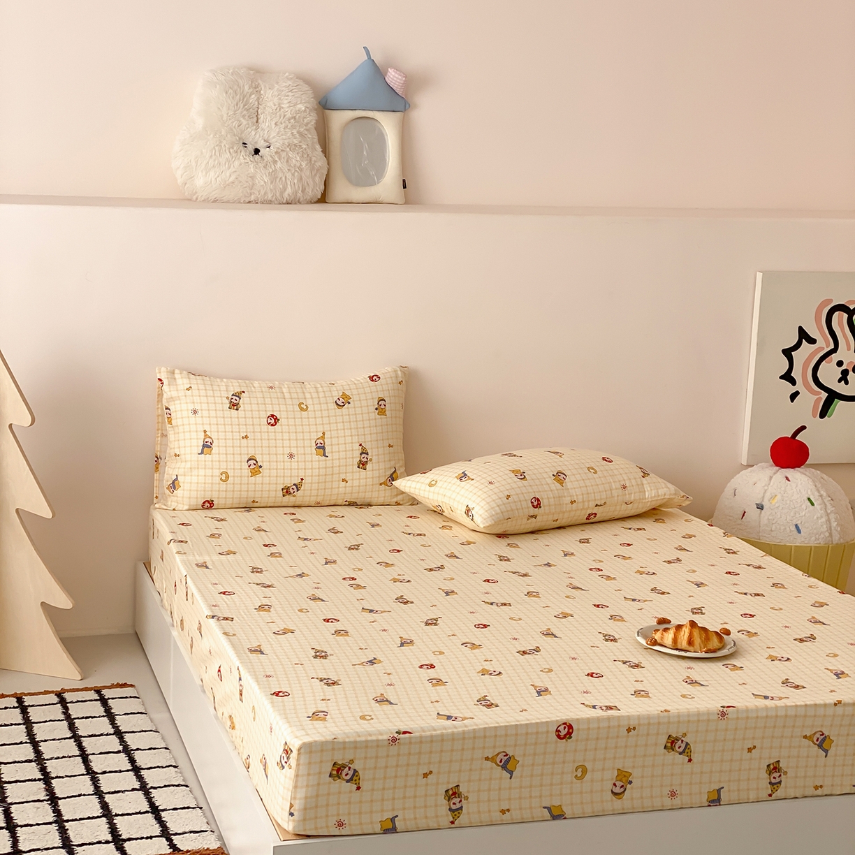 91家纺网 家纺一手货源 找家纺 8小时家纺 2025新款40s天然肌理双层纱单品床笠 星星人