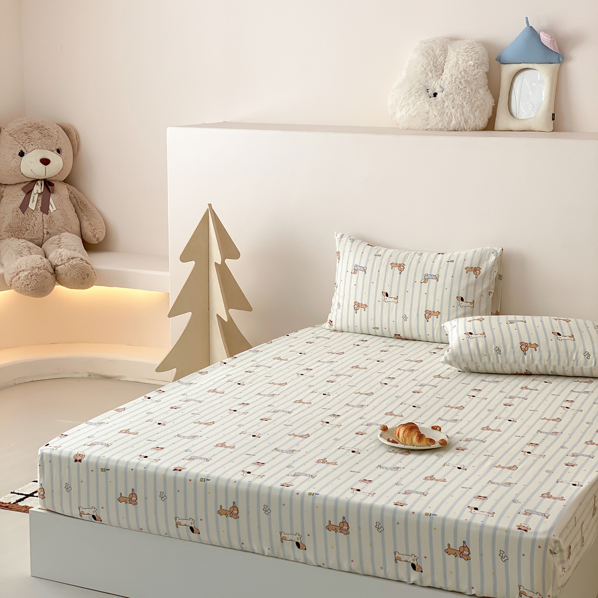 91家纺网 家纺一手货源 找家纺 8小时家纺 2025新款40s天然肌理双层纱单品床笠 腊肠狗