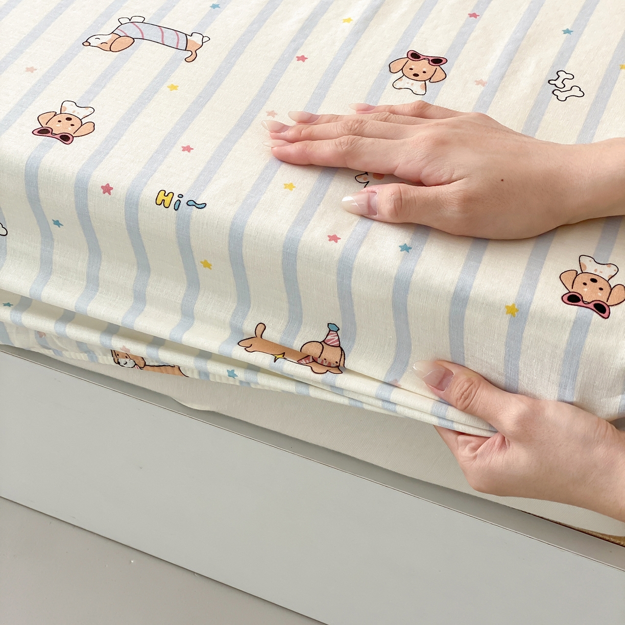 91家纺网 家纺一手货源 找家纺 8小时家纺 2025新款40s天然肌理双层纱单品床笠 腊肠狗