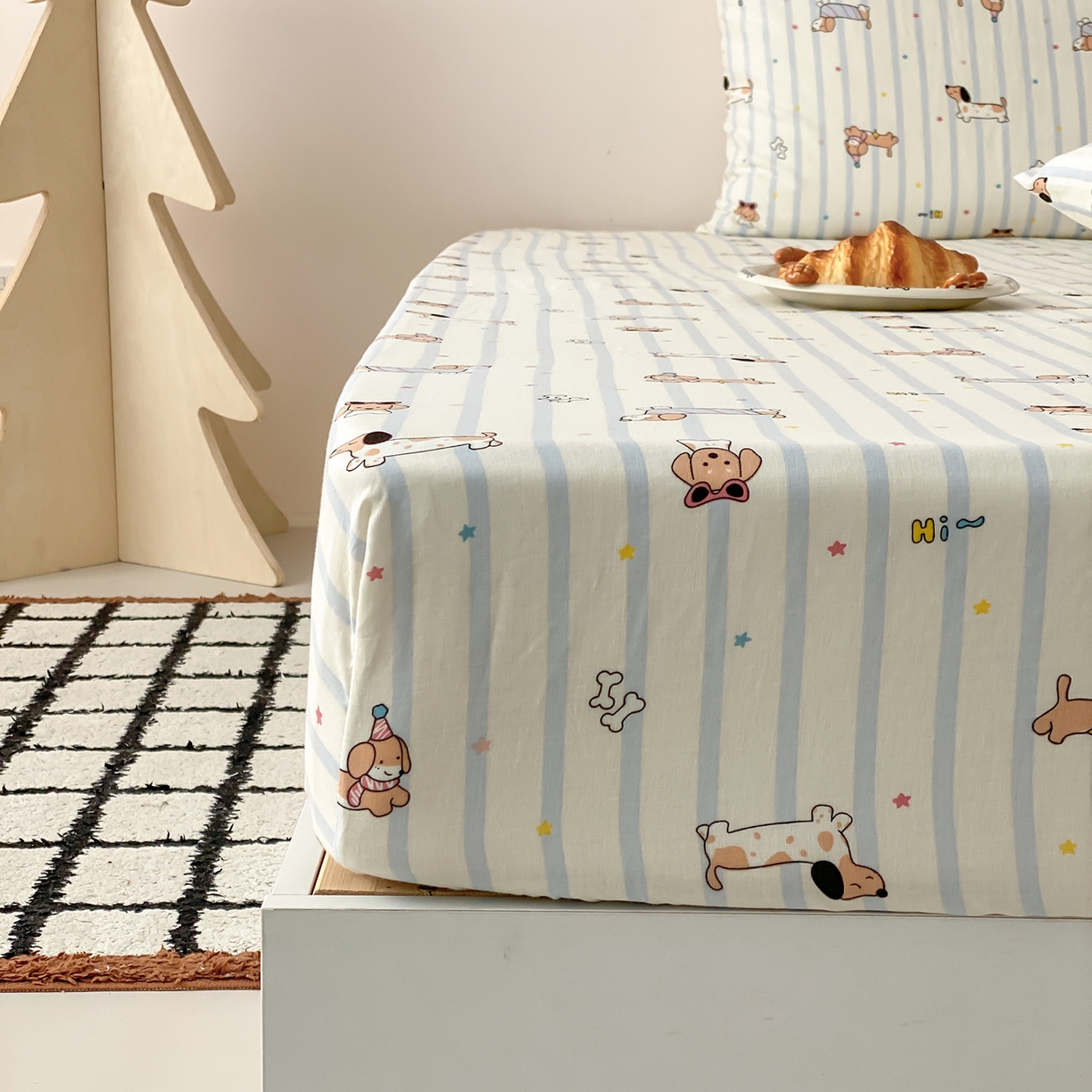 91家纺网 家纺一手货源 找家纺 8小时家纺 2025新款40s天然肌理双层纱单品床笠 腊肠狗