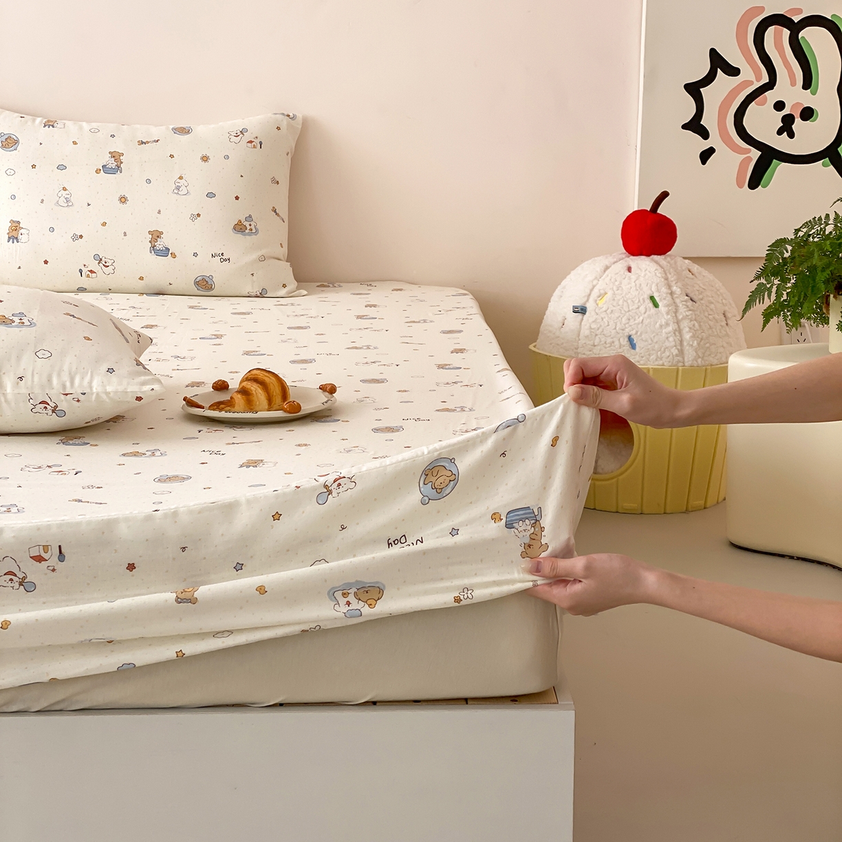 91家纺网 家纺一手货源 找家纺 8小时家纺 2025新款40s天然肌理双层纱单品床笠 泡泡布丁