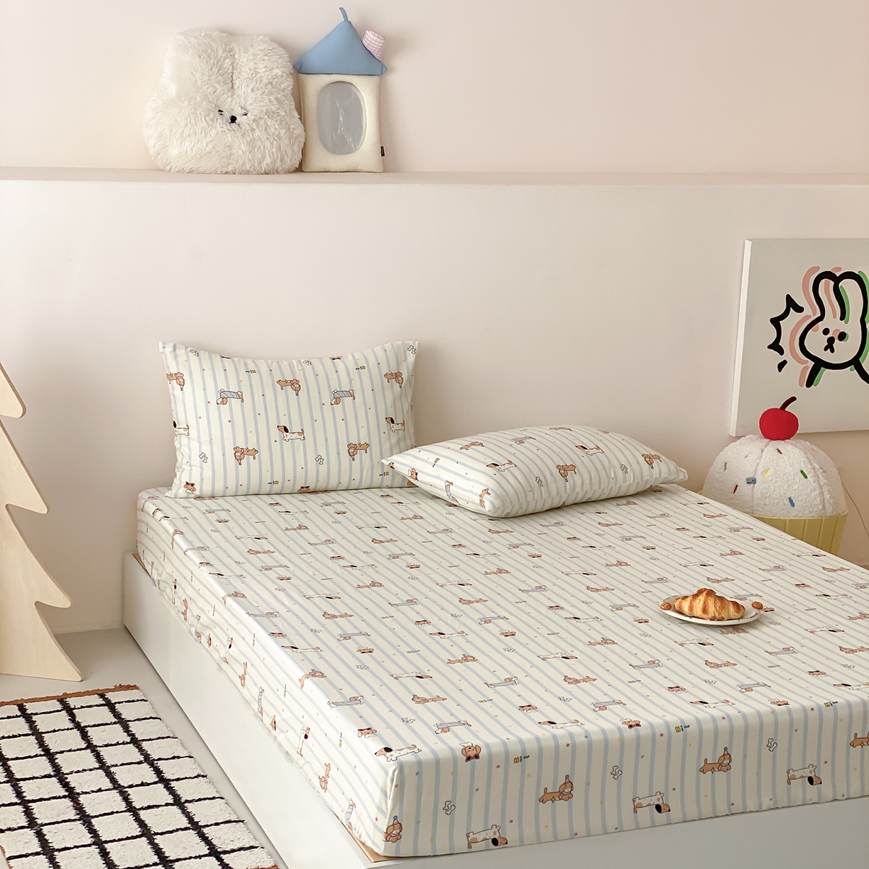 91家纺网 家纺一手货源 找家纺 8小时家纺 2025新款40s天然肌理双层纱单品床笠 腊肠狗