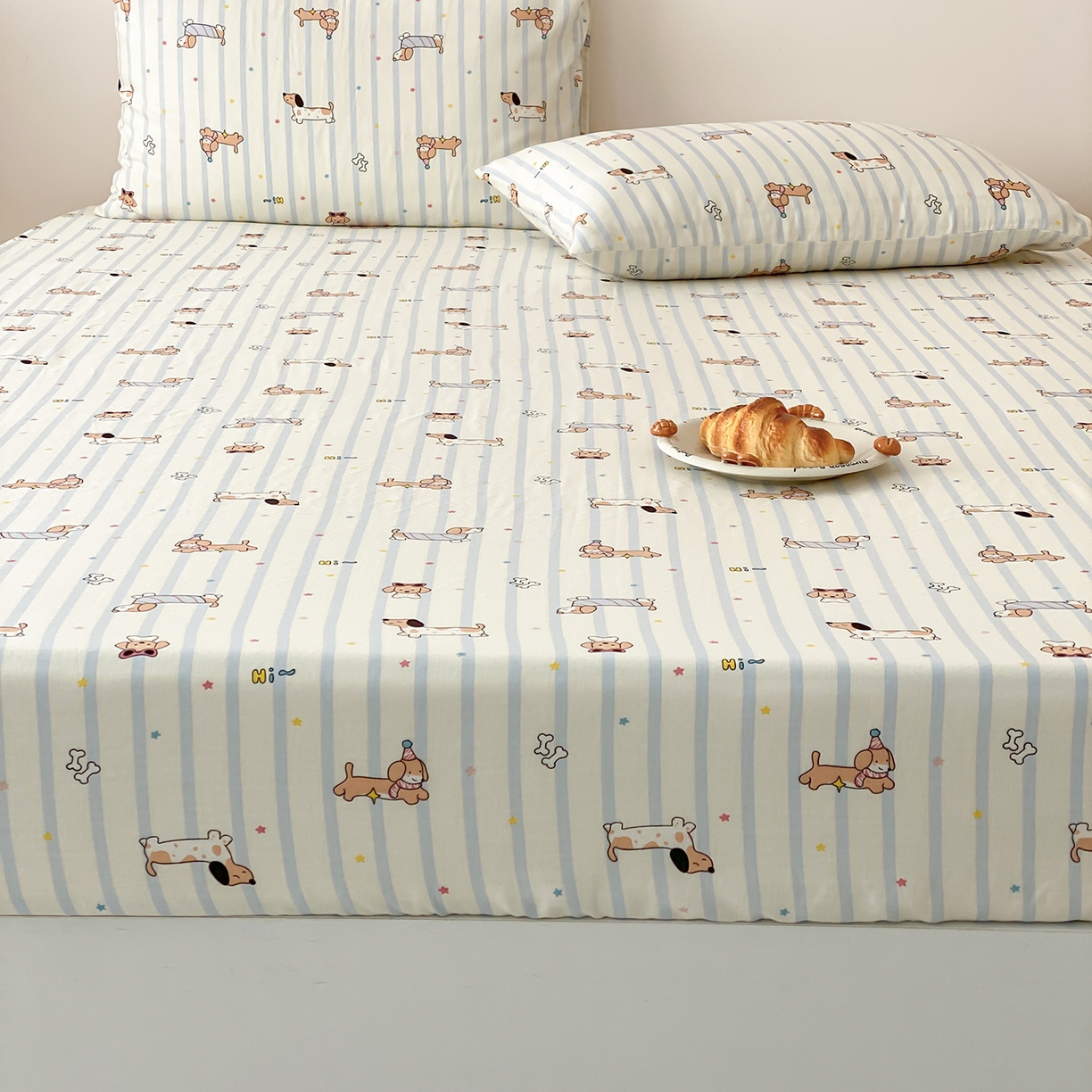 91家纺网 家纺一手货源 找家纺 8小时家纺 2025新款40s天然肌理双层纱单品床笠 腊肠狗