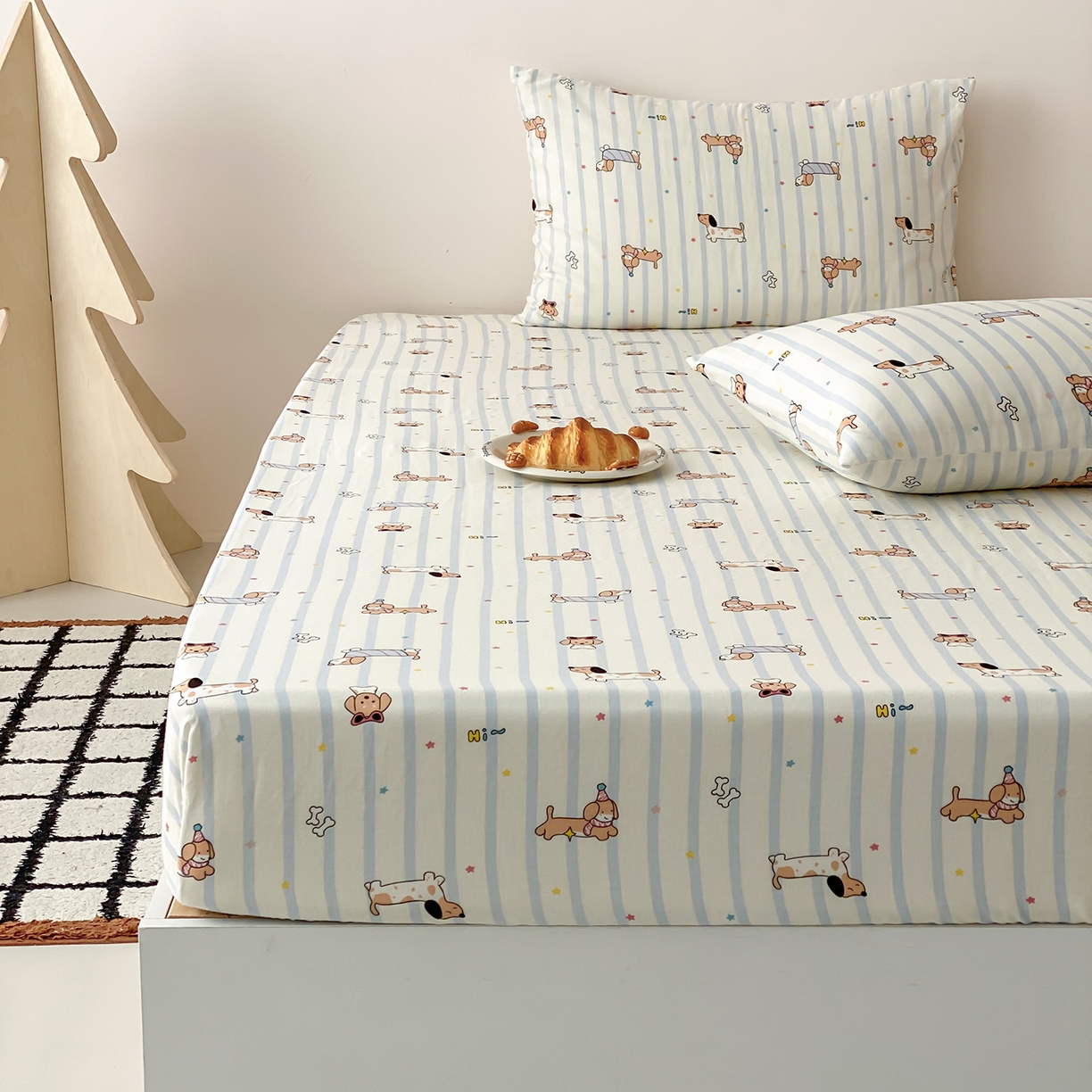 91家纺网 家纺一手货源 找家纺 8小时家纺 2025新款40s天然肌理双层纱单品床笠 腊肠狗