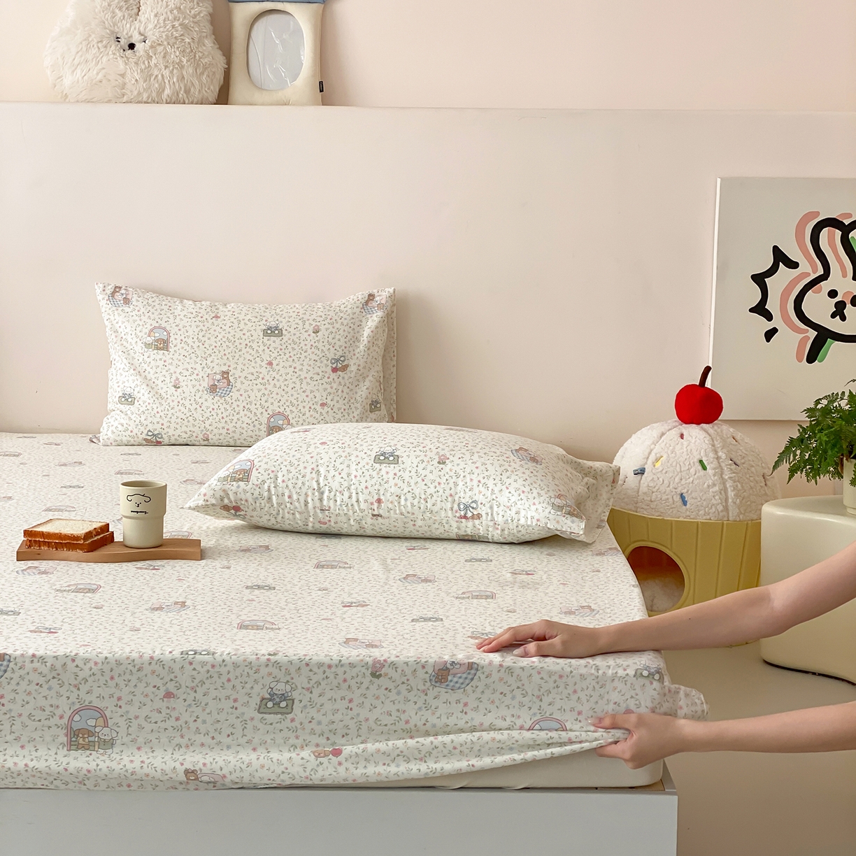 91家纺网 家纺一手货源 找家纺 8小时家纺 2025新款40s天然肌理双层纱单品床笠 快乐小狗