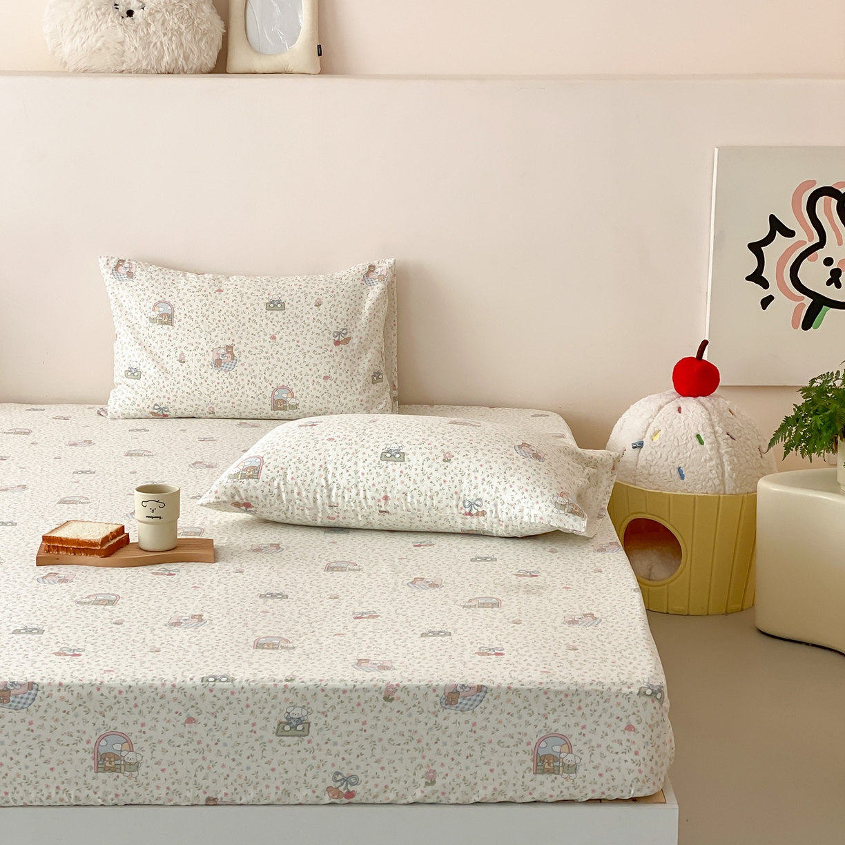 91家纺网 家纺一手货源 找家纺 8小时家纺 2025新款40s天然肌理双层纱单品床笠 快乐小狗