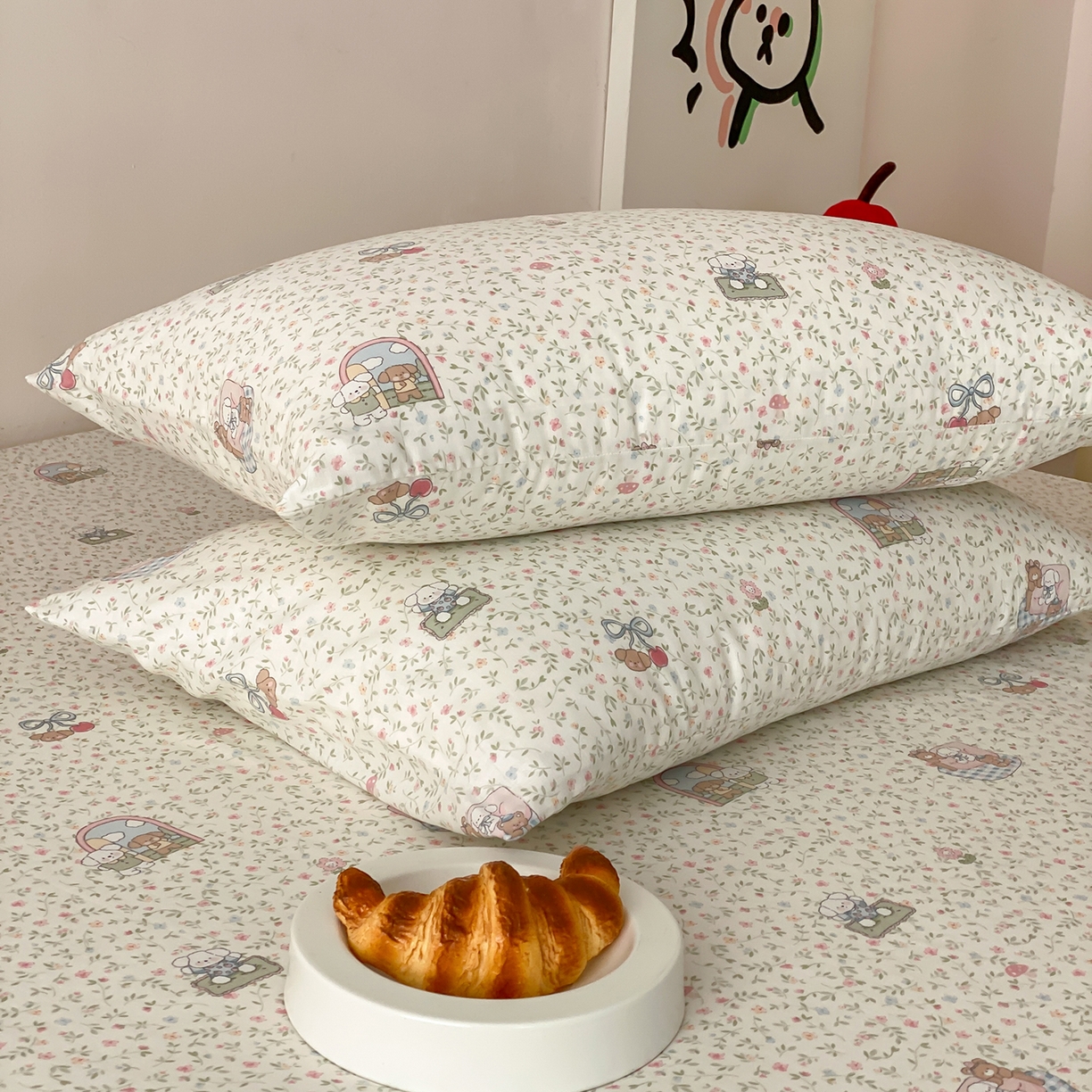 91家纺网 家纺一手货源 找家纺 8小时家纺 2025新款40s天然肌理双层纱单品枕套 快乐小狗