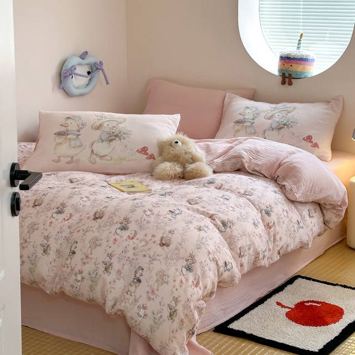 91家纺网 家纺一手货源 找家纺 （总）咏绒家纺工厂店 2025新款全棉皱皱纱大版卡通数码印花款四件套