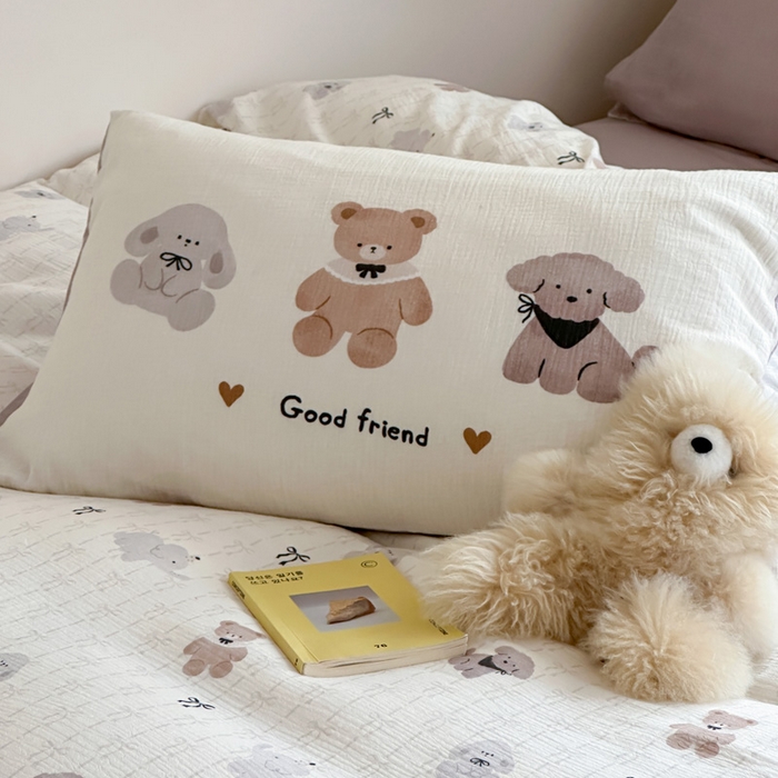 91家纺网 家纺一手货源 找家纺 咏绒家纺工厂店 2025新款全棉皱皱纱大版卡通数码印花款四件套 漂亮的领结-米白