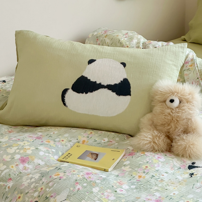 91家纺网 家纺一手货源 找家纺 咏绒家纺工厂店 2025新款全棉皱皱纱大版卡通数码印花款四件套 熊猫噗噗-绿